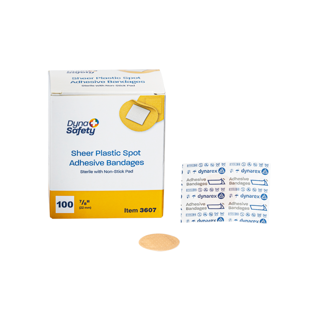A box of Dynarex Sheer Plastic Adhesive Bandages - Sterile is shown with one wrapped and one unwrapped circular bandage in front. Each box includes 100 sterile adhesive bandages for easy wound care.